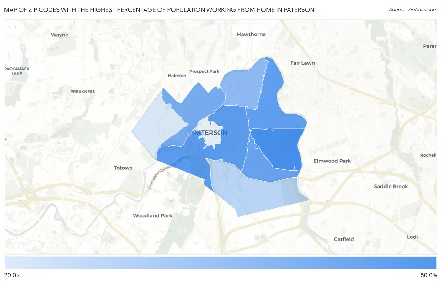 Zip Codes with the Highest Percentage of Population Working from Home in Paterson Map