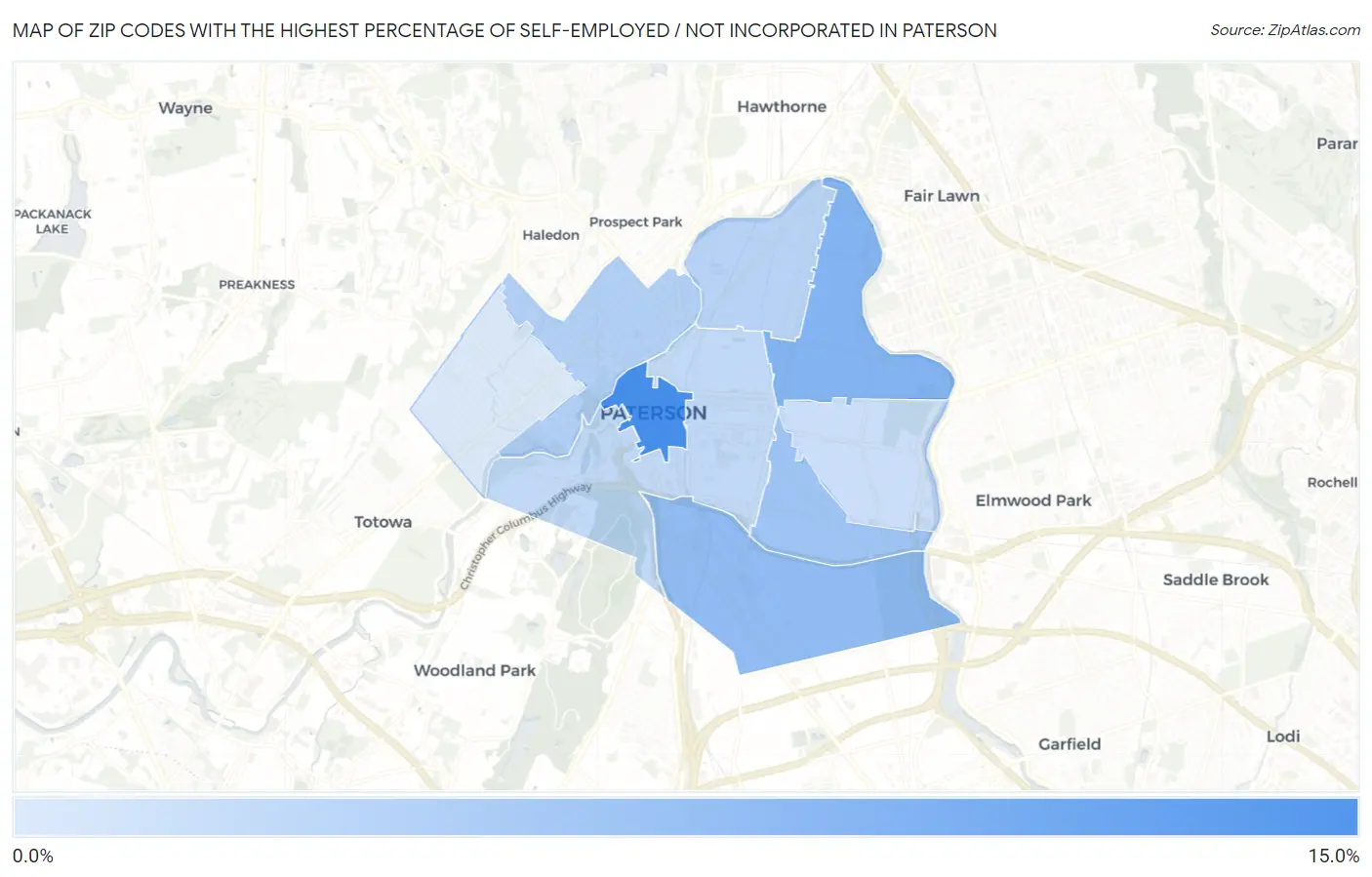Zip Codes with the Highest Percentage of Self-Employed / Not Incorporated in Paterson Map