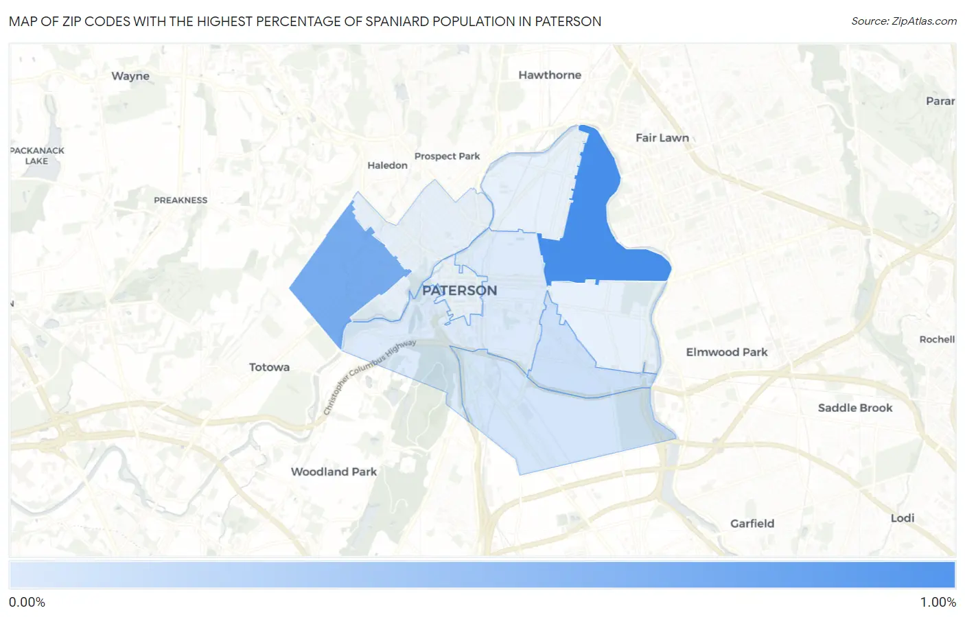 Zip Codes with the Highest Percentage of Spaniard Population in Paterson Map