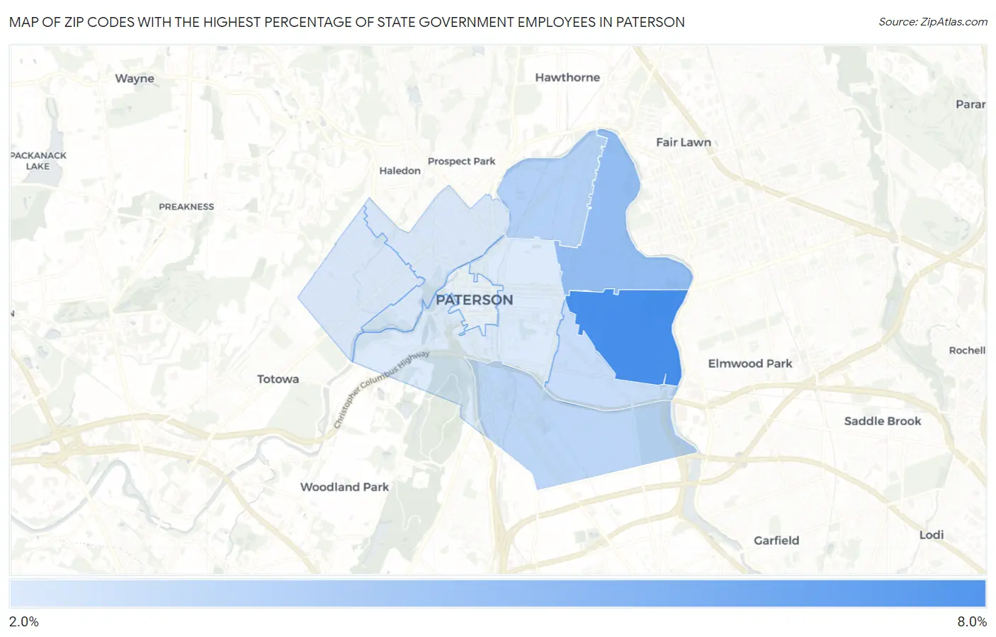 Zip Codes with the Highest Percentage of State Government Employees in Paterson Map