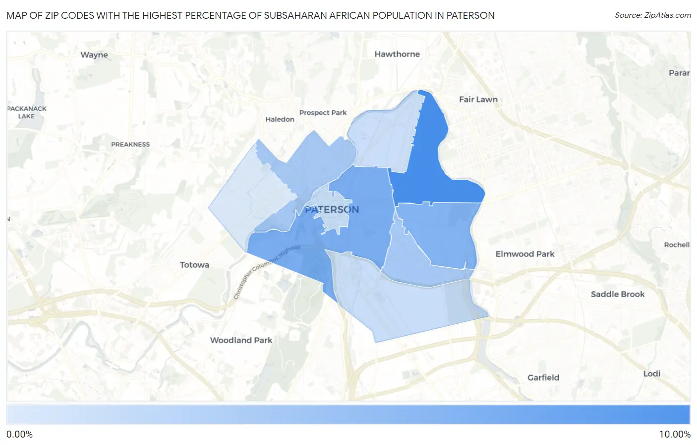 Zip Codes with the Highest Percentage of Subsaharan African Population in Paterson Map