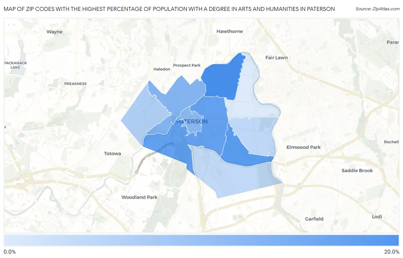 Zip Codes with the Highest Percentage of Population with a Degree in Arts and Humanities in Paterson Map