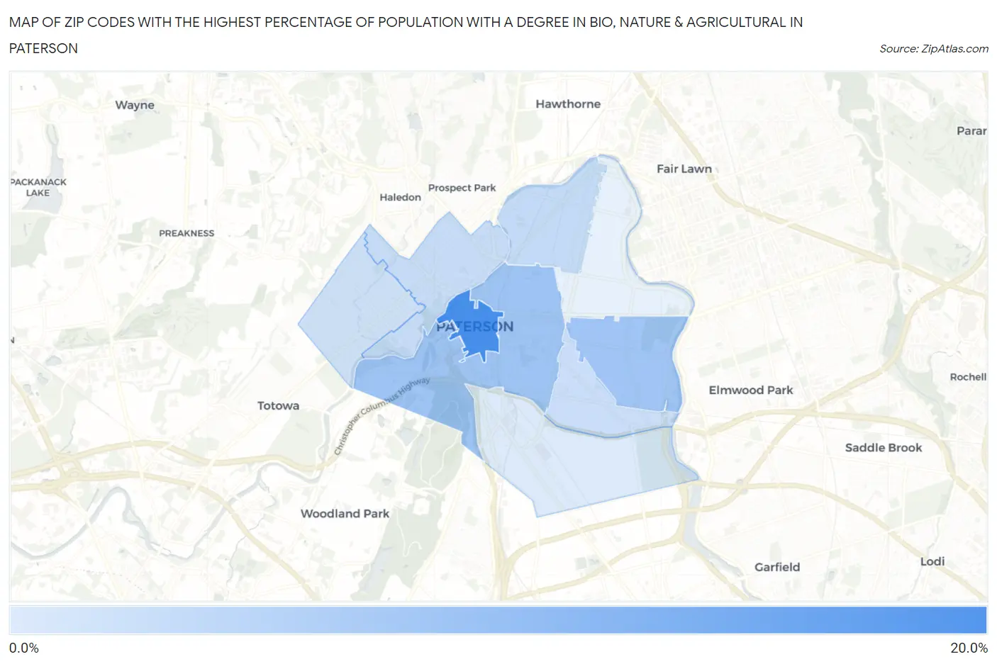 Zip Codes with the Highest Percentage of Population with a Degree in Bio, Nature & Agricultural in Paterson Map