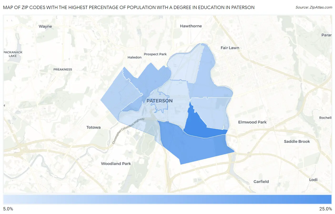 Zip Codes with the Highest Percentage of Population with a Degree in Education in Paterson Map