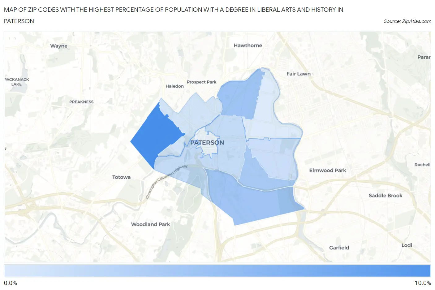 Zip Codes with the Highest Percentage of Population with a Degree in Liberal Arts and History in Paterson Map