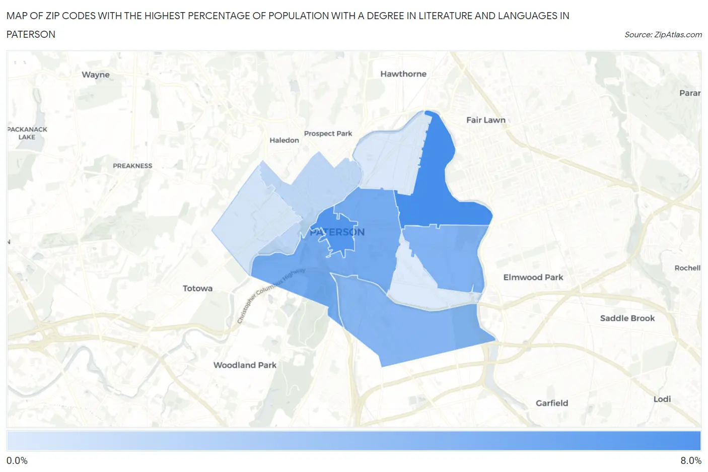 Zip Codes with the Highest Percentage of Population with a Degree in Literature and Languages in Paterson Map