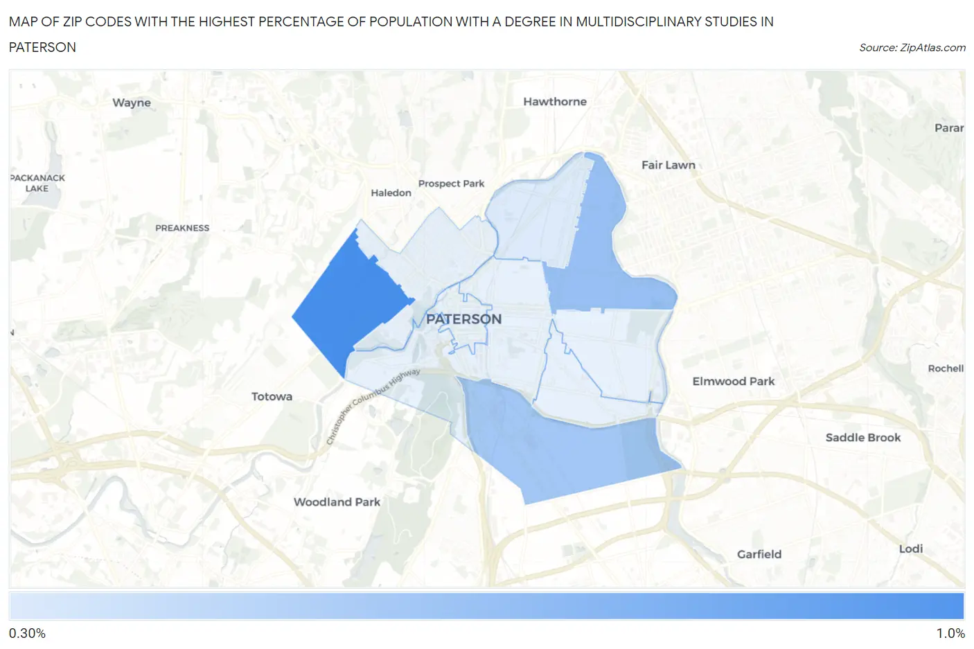 Zip Codes with the Highest Percentage of Population with a Degree in Multidisciplinary Studies in Paterson Map