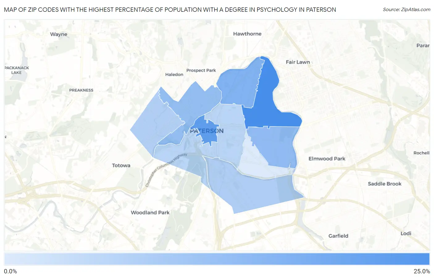 Zip Codes with the Highest Percentage of Population with a Degree in Psychology in Paterson Map