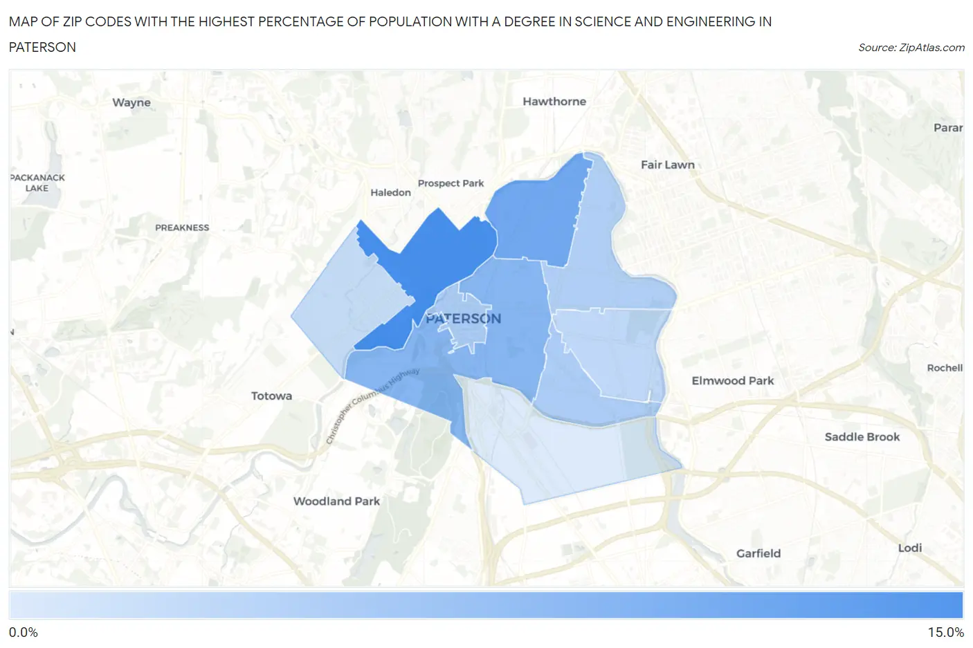 Zip Codes with the Highest Percentage of Population with a Degree in Science and Engineering in Paterson Map