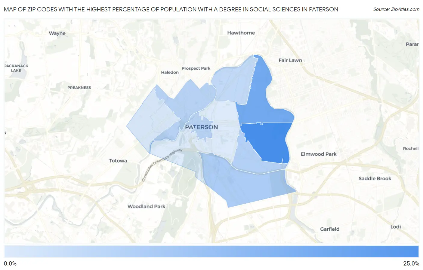 Zip Codes with the Highest Percentage of Population with a Degree in Social Sciences in Paterson Map