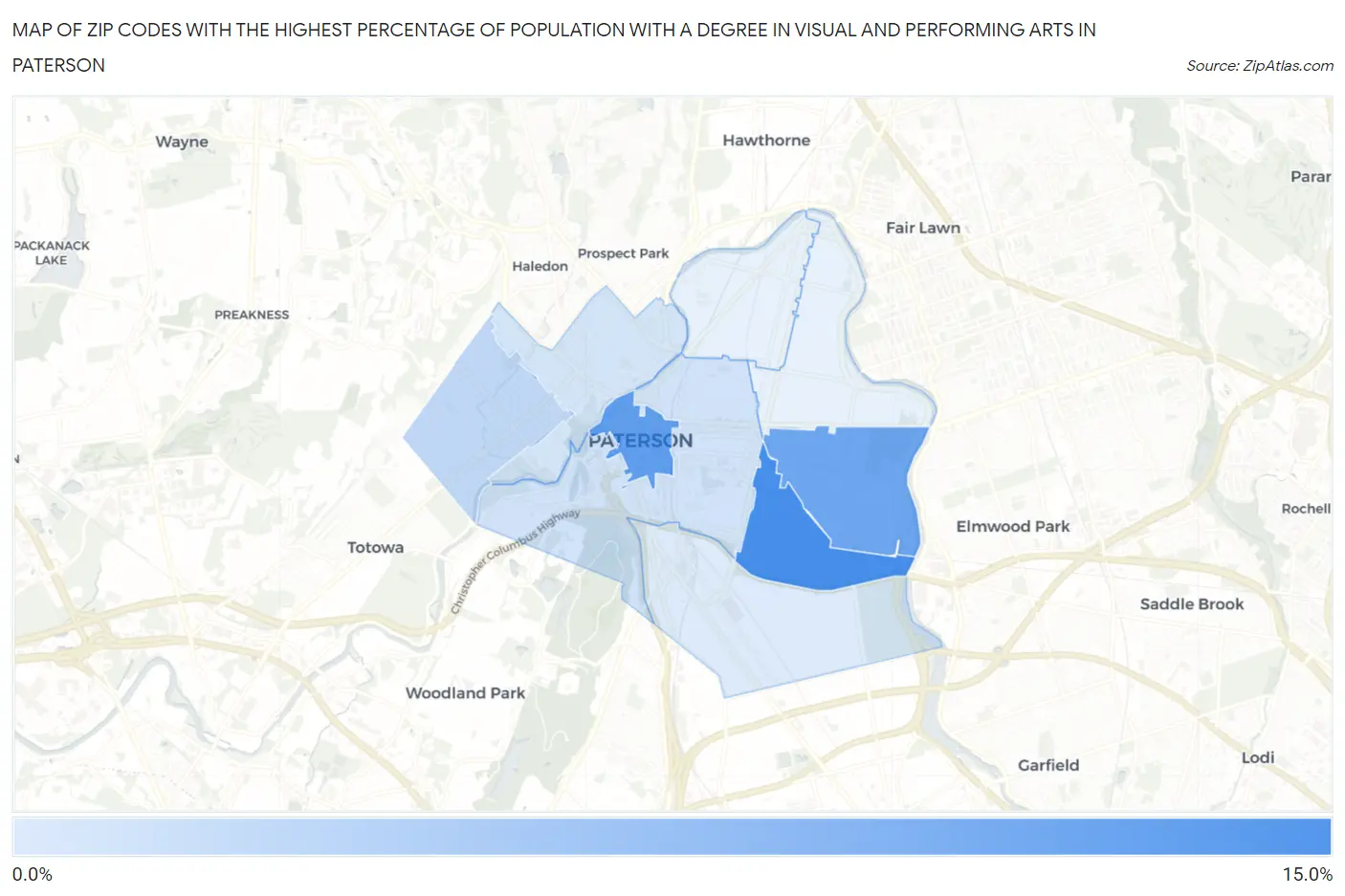 Zip Codes with the Highest Percentage of Population with a Degree in Visual and Performing Arts in Paterson Map