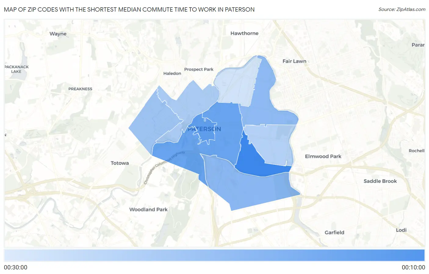 Zip Codes with the Shortest Median Commute Time to Work in Paterson Map