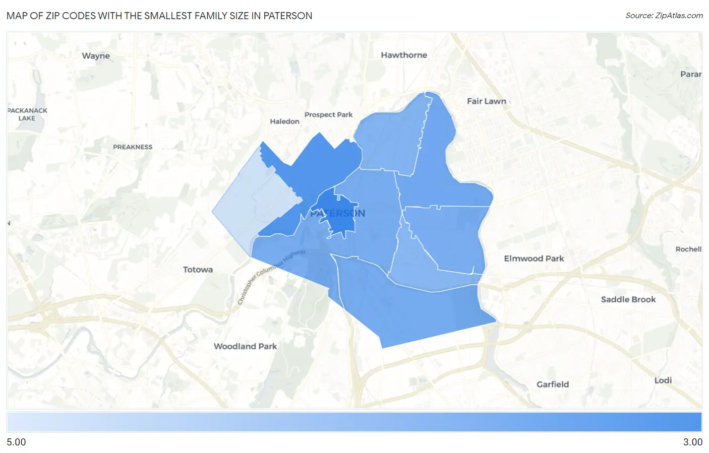 Zip Codes with the Smallest Family Size in Paterson Map
