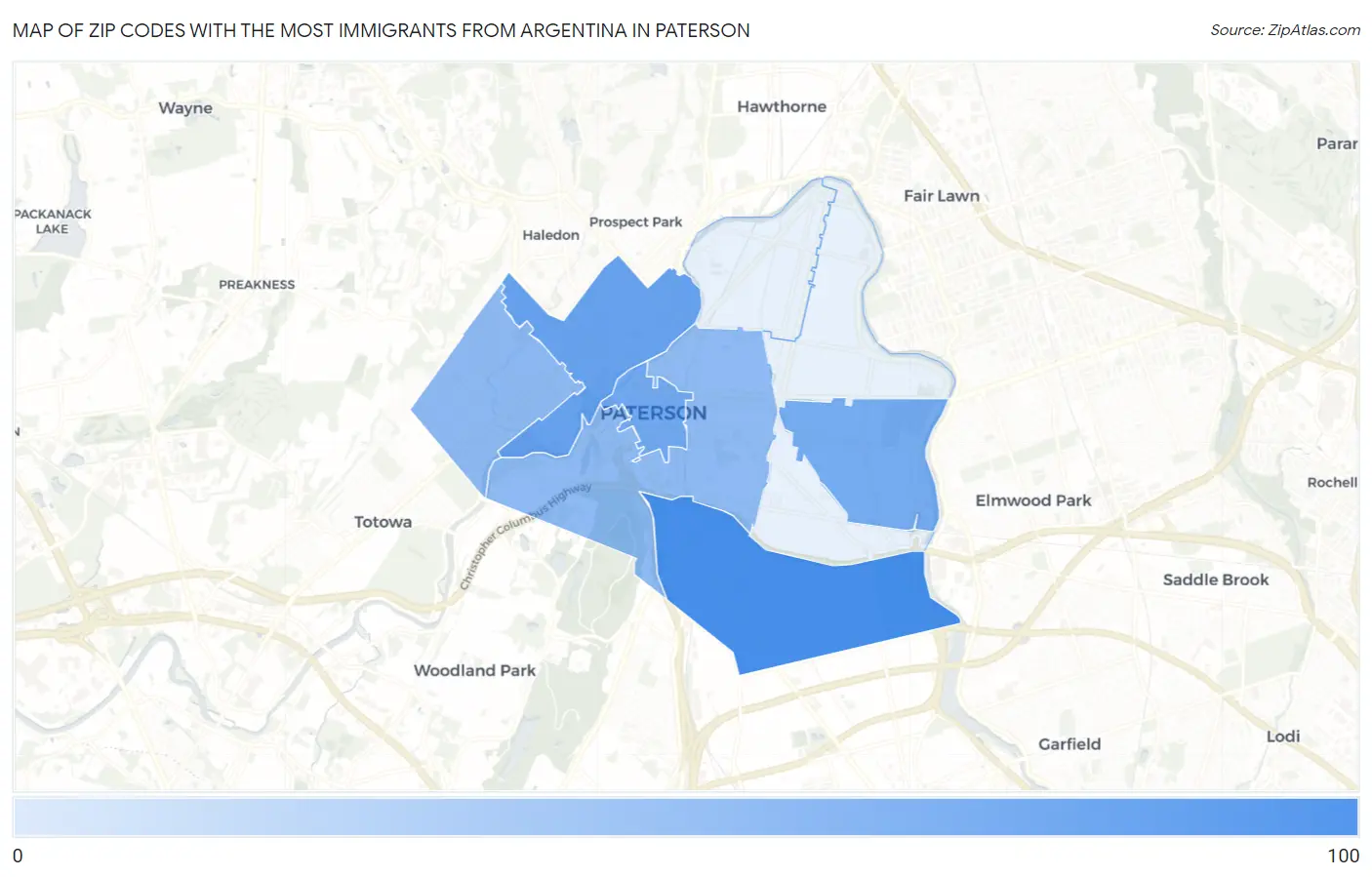 Zip Codes with the Most Immigrants from Argentina in Paterson Map