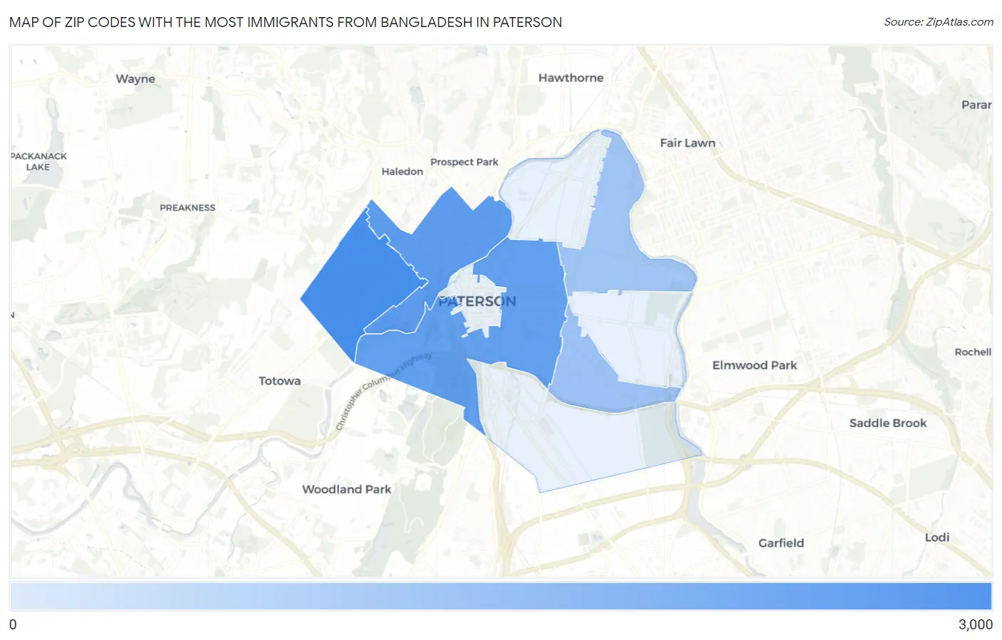 Zip Codes with the Most Immigrants from Bangladesh in Paterson Map