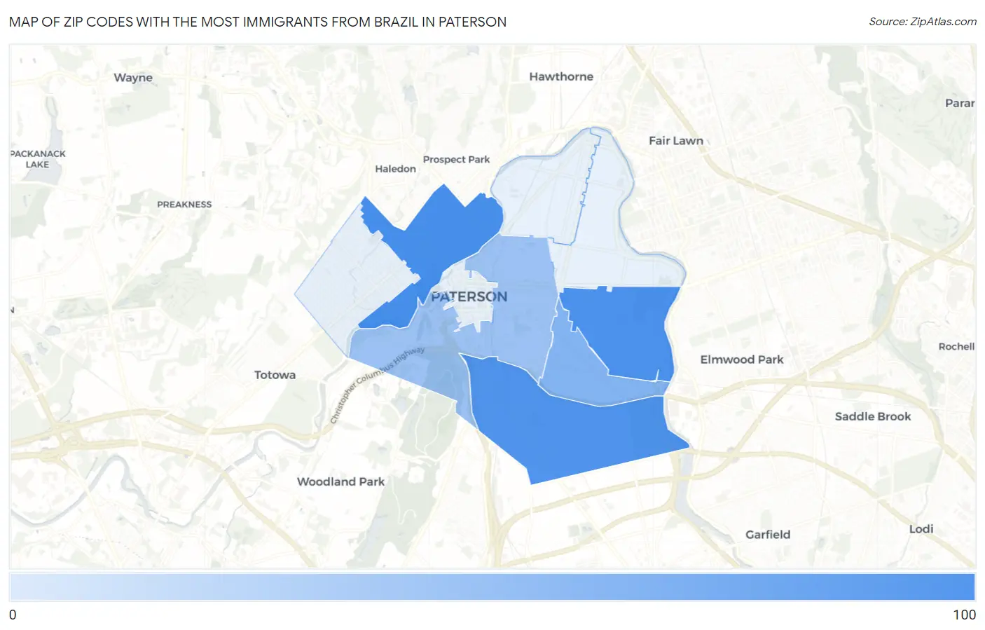 Zip Codes with the Most Immigrants from Brazil in Paterson Map