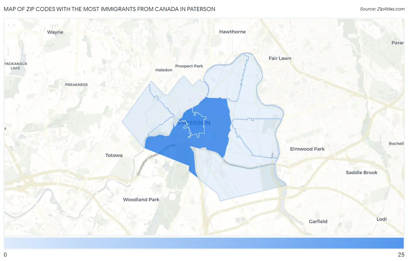 Zip Codes with the Most Immigrants from Canada in Paterson Map