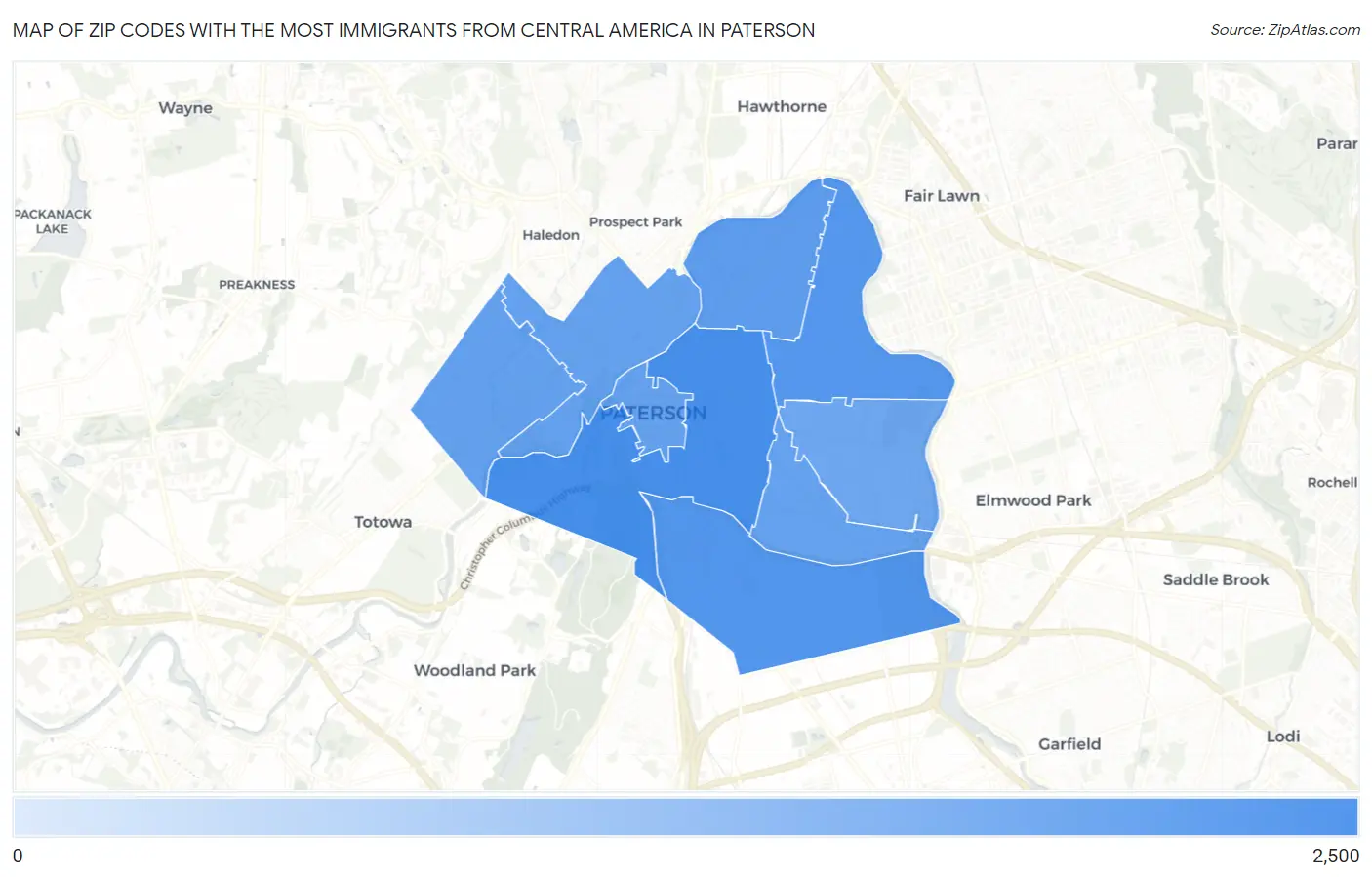 Zip Codes with the Most Immigrants from Central America in Paterson Map
