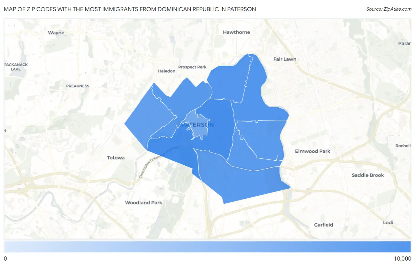 Zip Codes with the Most Immigrants from Dominican Republic in Paterson Map