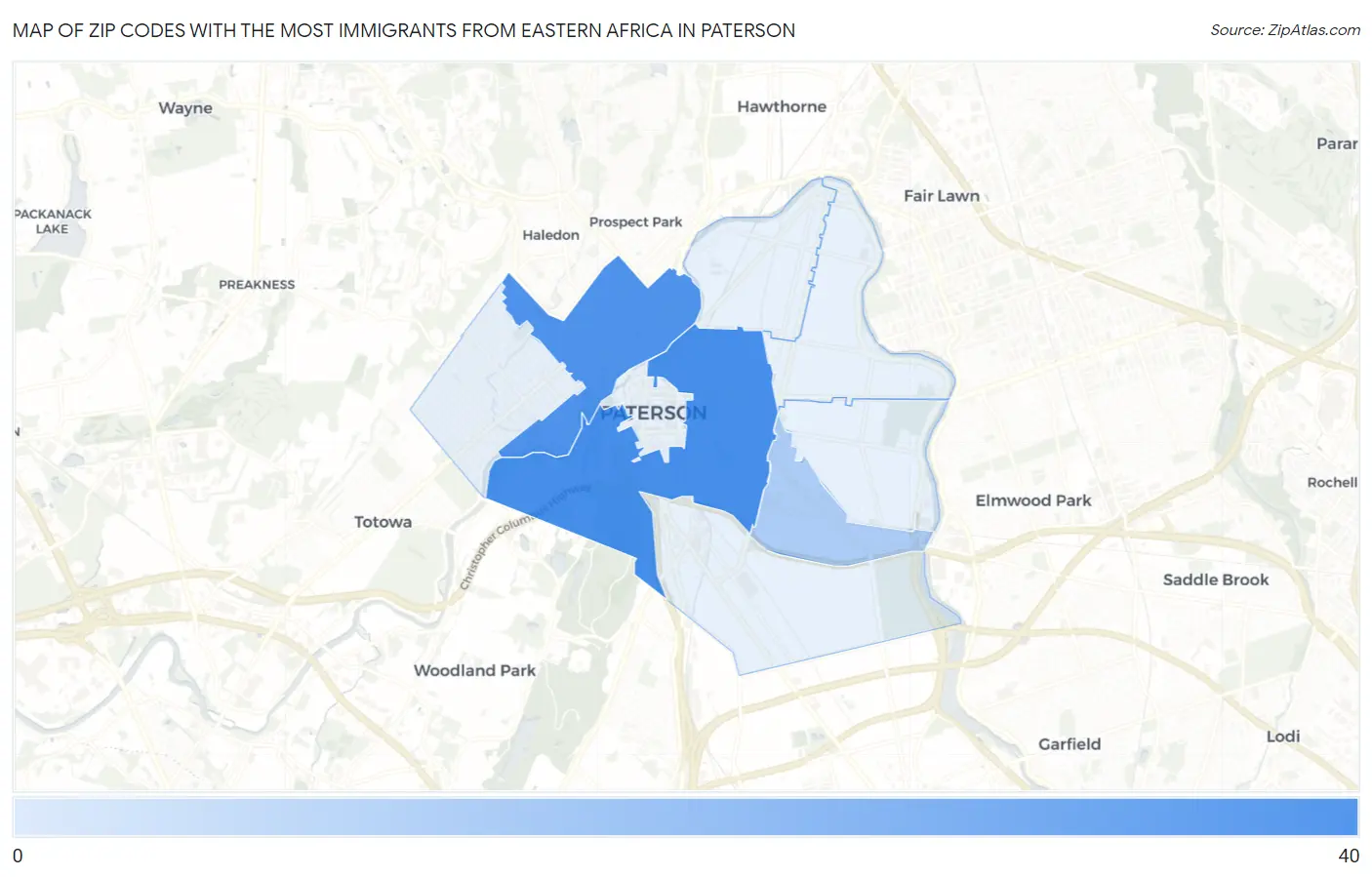 Zip Codes with the Most Immigrants from Eastern Africa in Paterson Map