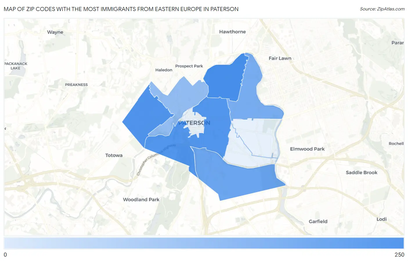 Zip Codes with the Most Immigrants from Eastern Europe in Paterson Map