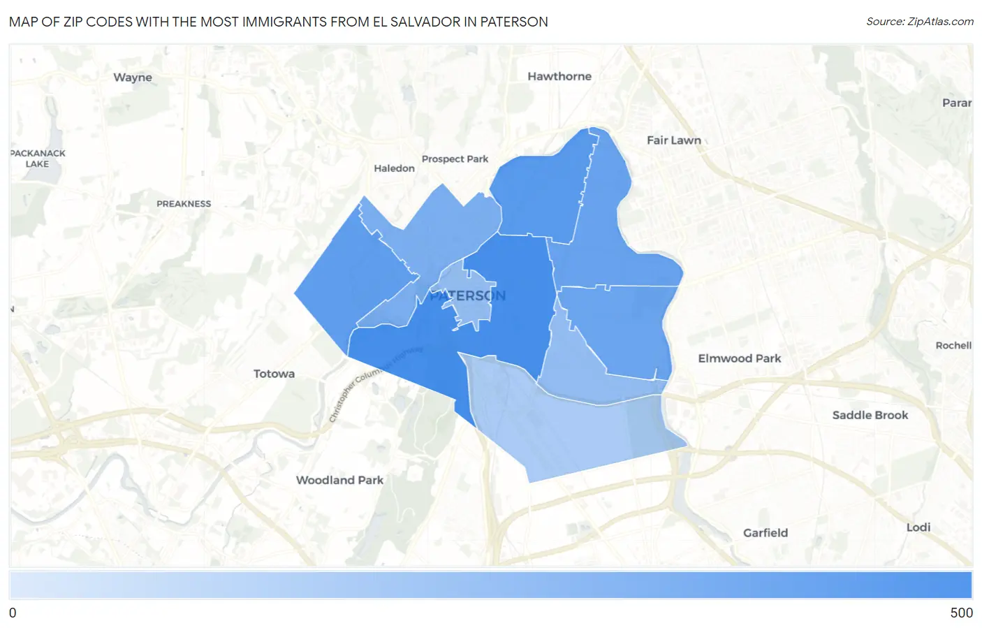 Zip Codes with the Most Immigrants from El Salvador in Paterson Map