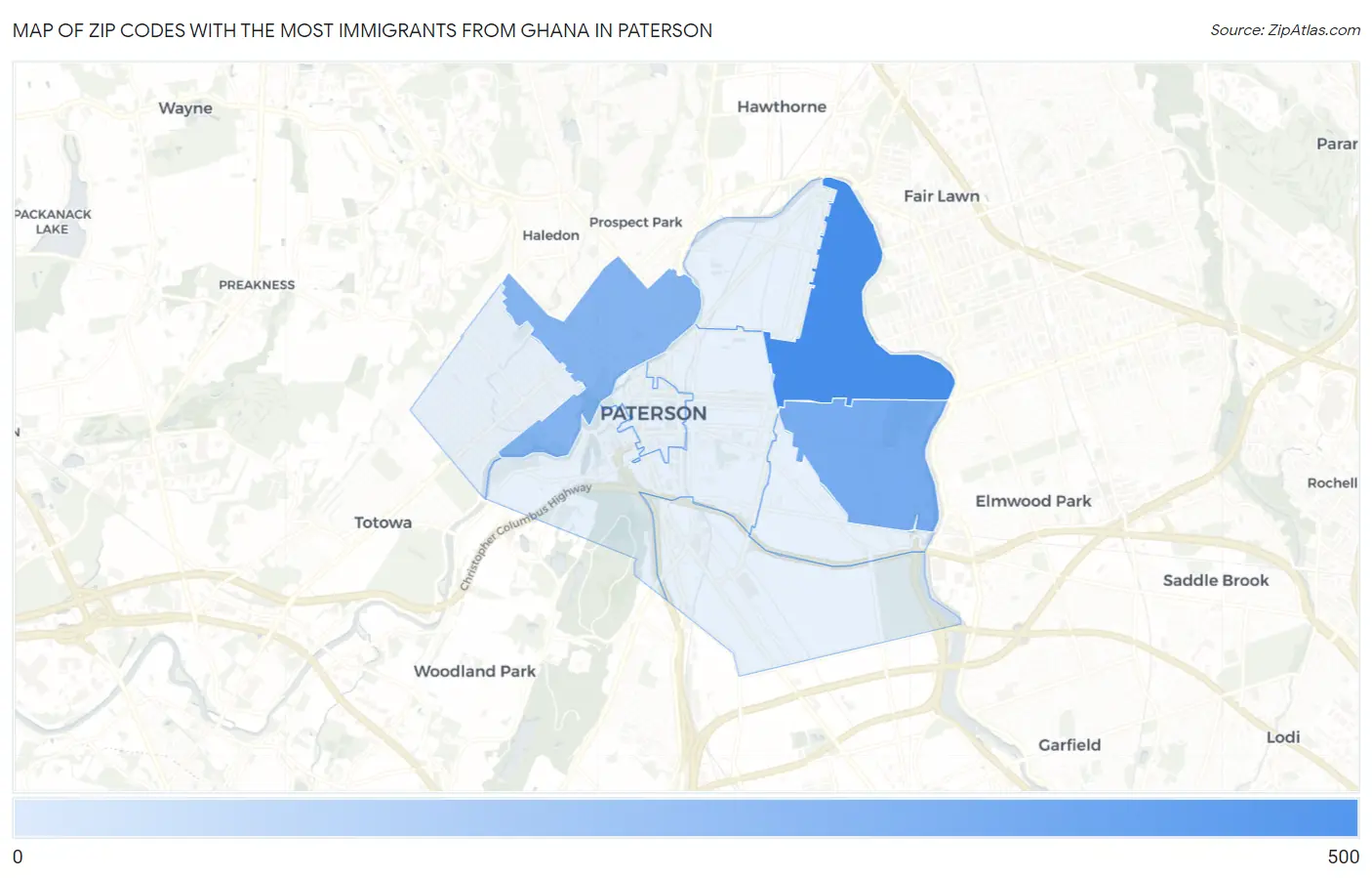 Zip Codes with the Most Immigrants from Ghana in Paterson Map