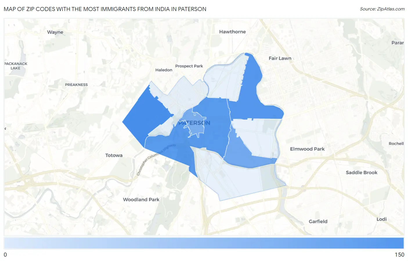 Zip Codes with the Most Immigrants from India in Paterson Map