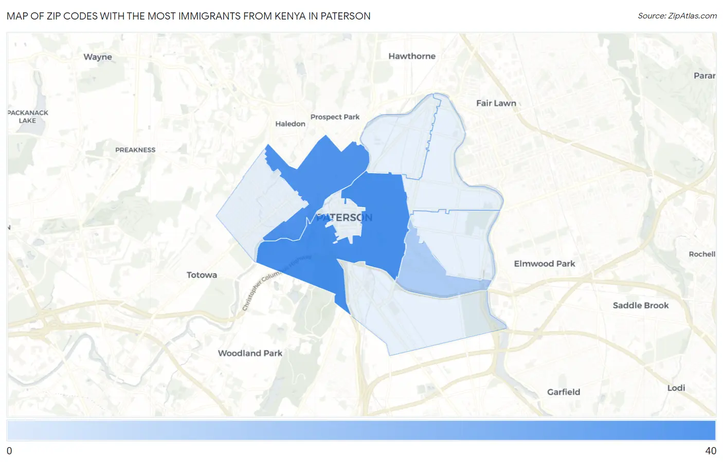 Zip Codes with the Most Immigrants from Kenya in Paterson Map
