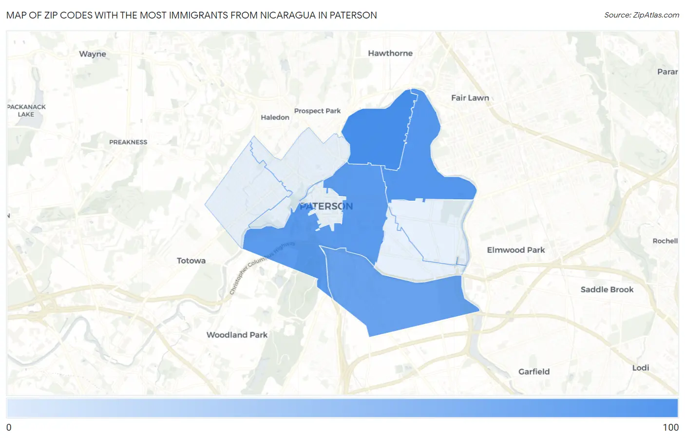 Zip Codes with the Most Immigrants from Nicaragua in Paterson Map