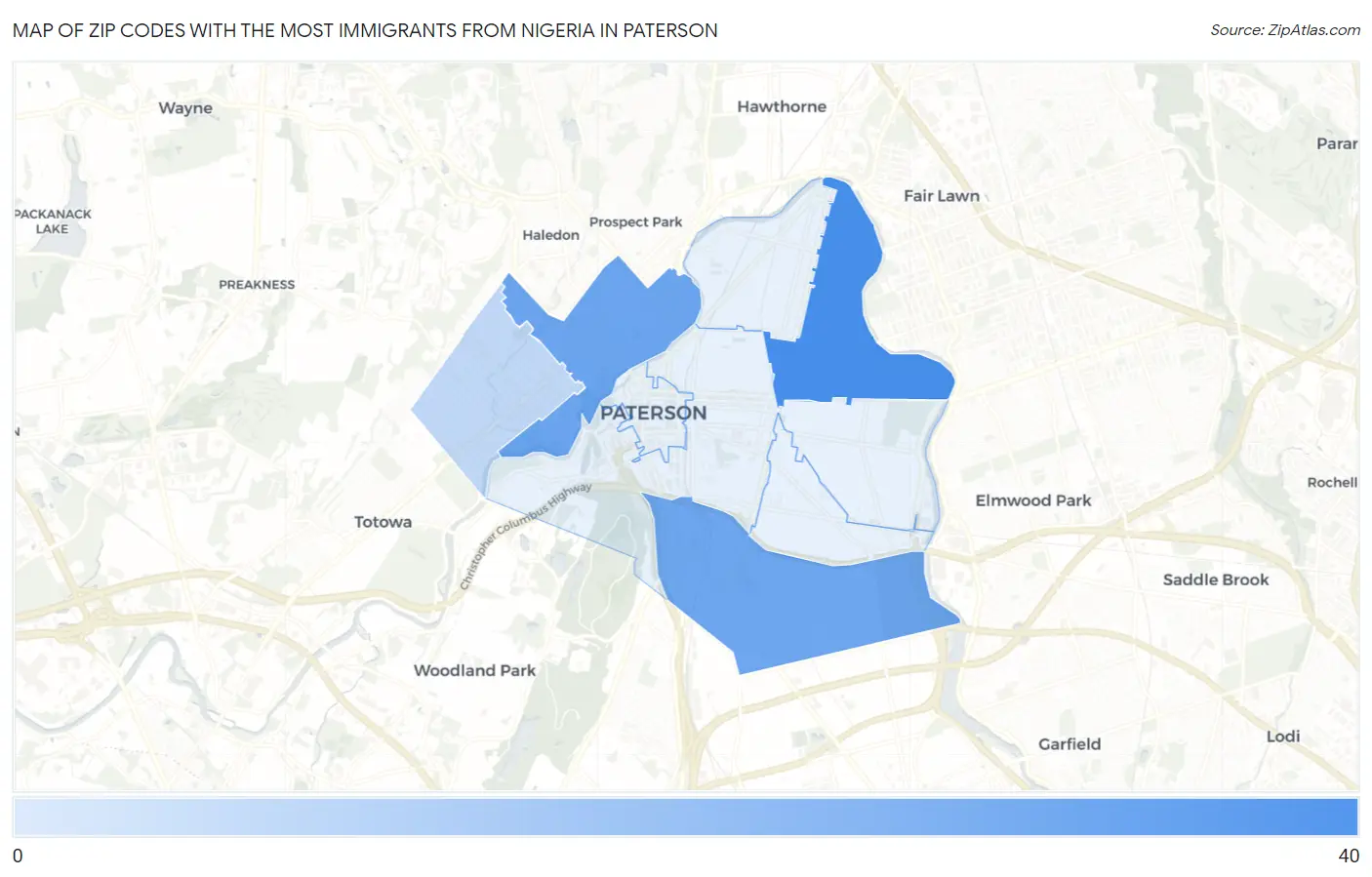Zip Codes with the Most Immigrants from Nigeria in Paterson Map
