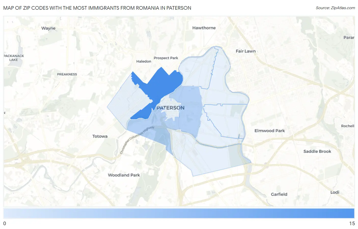 Zip Codes with the Most Immigrants from Romania in Paterson Map