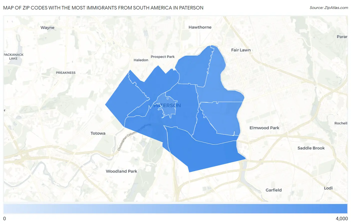 Zip Codes with the Most Immigrants from South America in Paterson Map