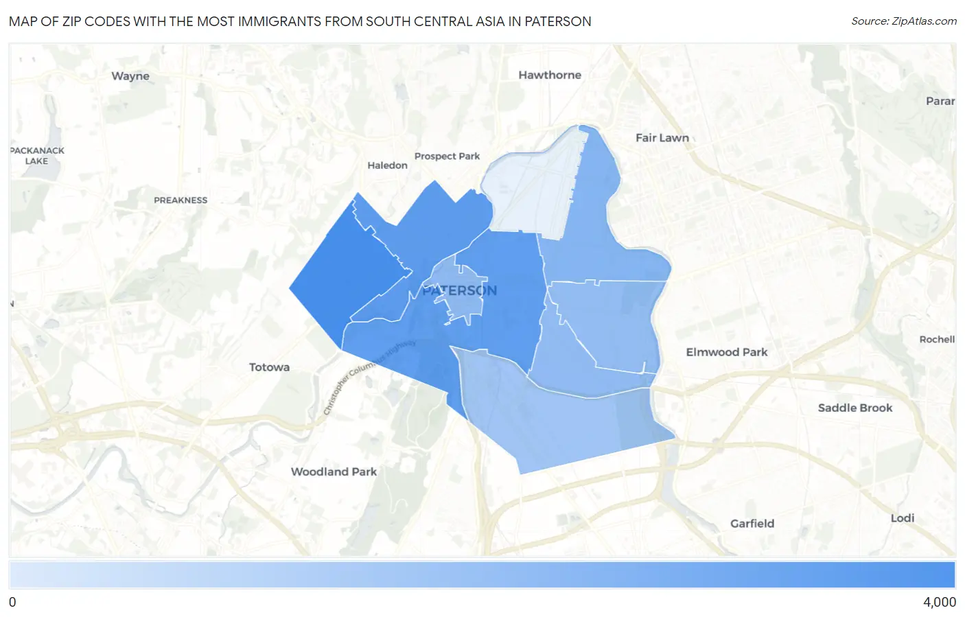 Zip Codes with the Most Immigrants from South Central Asia in Paterson Map