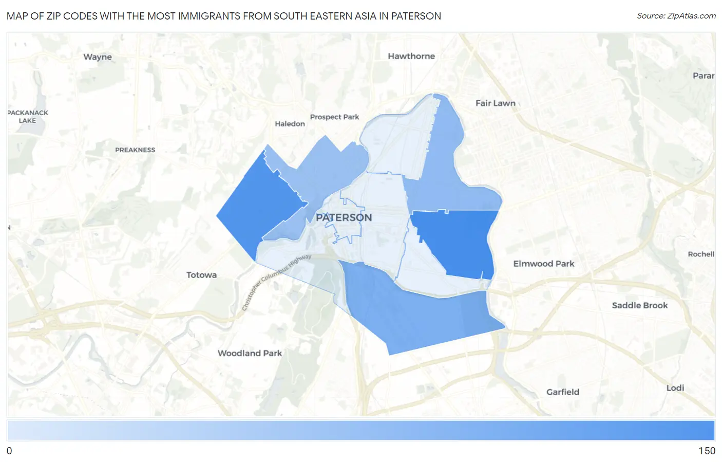Zip Codes with the Most Immigrants from South Eastern Asia in Paterson Map