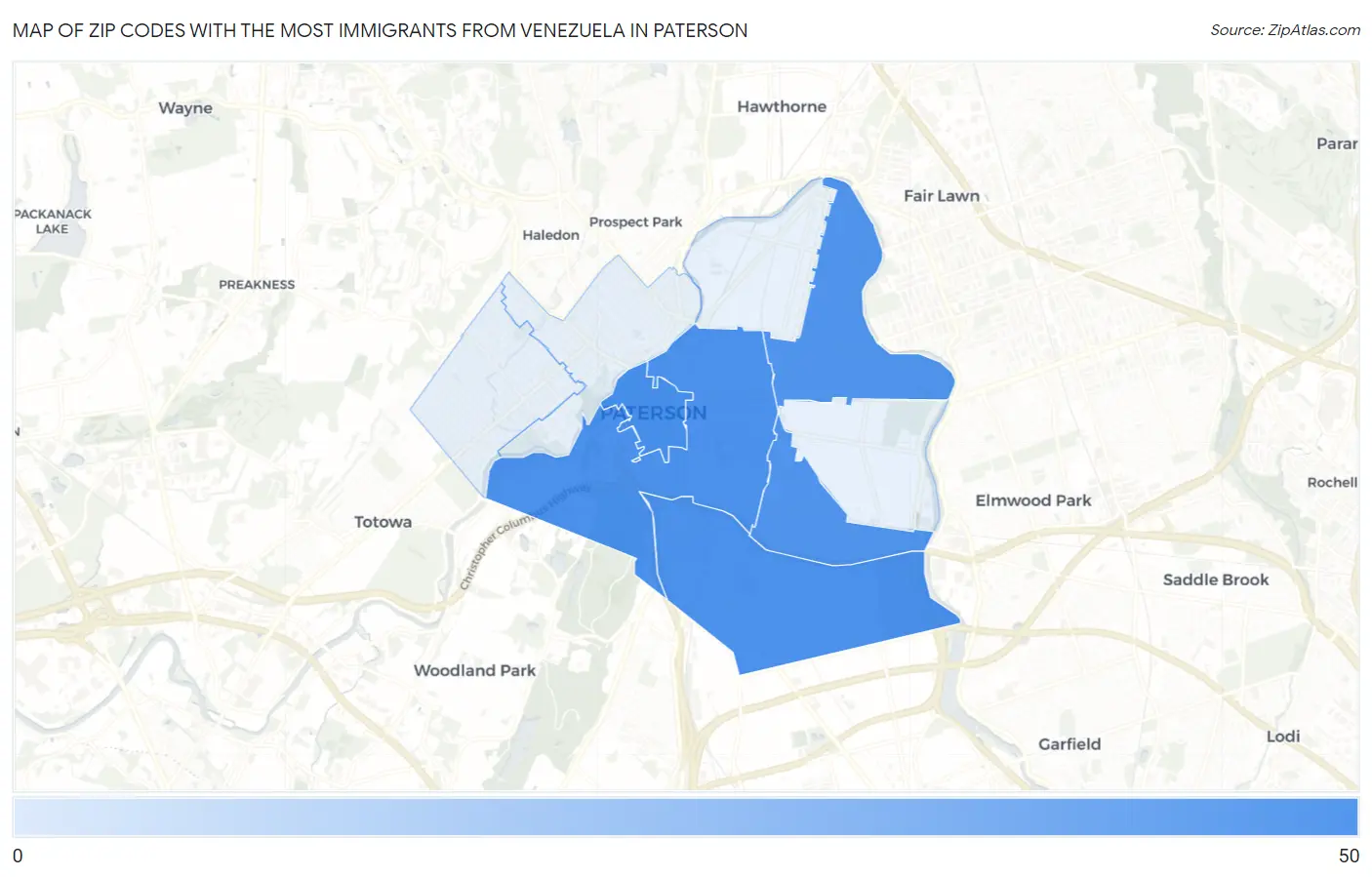 Zip Codes with the Most Immigrants from Venezuela in Paterson Map