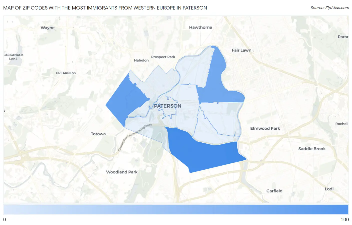 Zip Codes with the Most Immigrants from Western Europe in Paterson Map