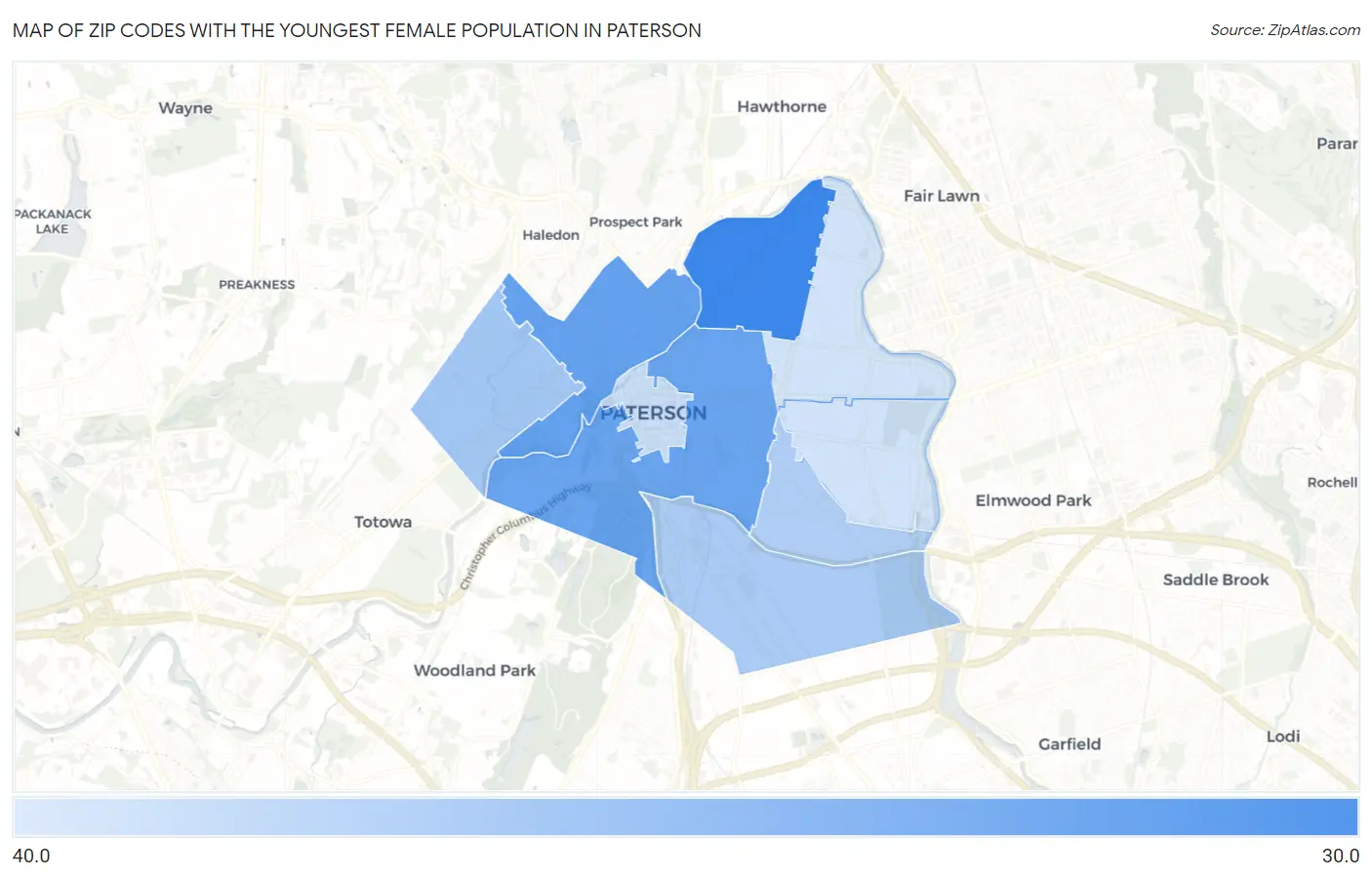 Zip Codes with the Youngest Female Population in Paterson Map