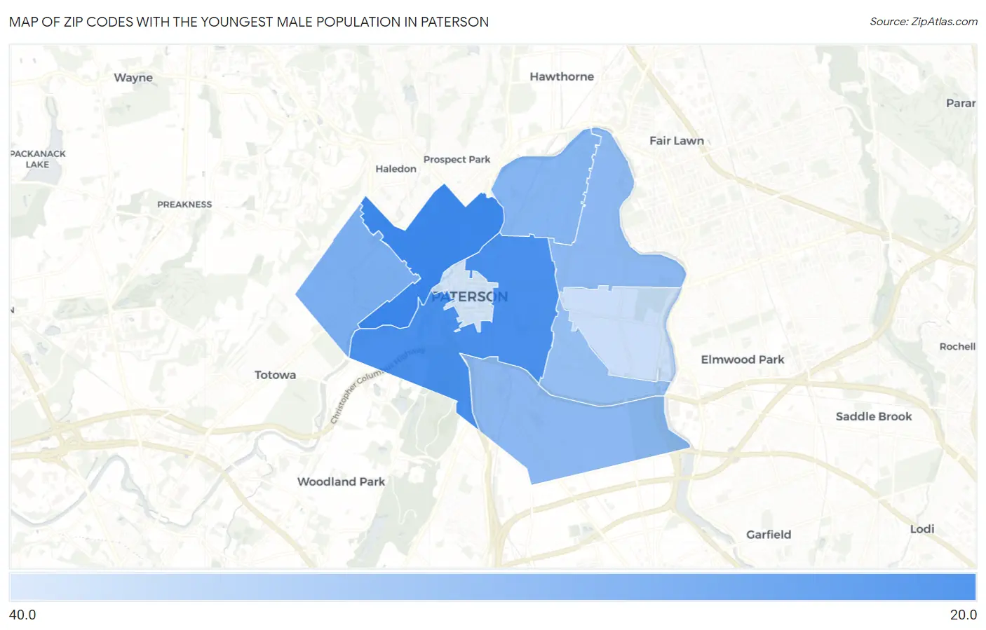 Zip Codes with the Youngest Male Population in Paterson Map