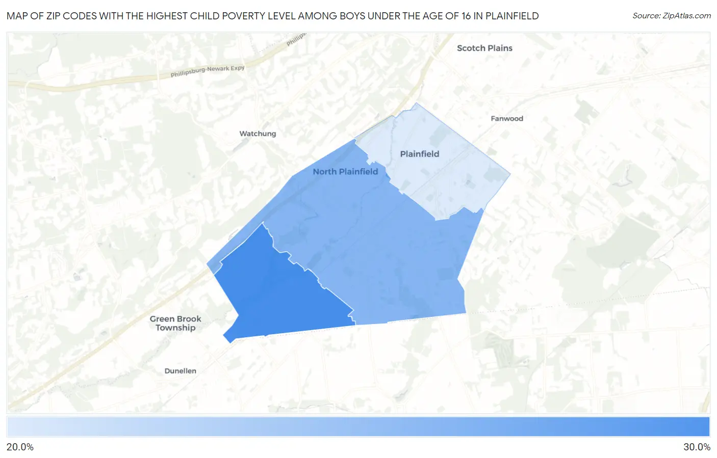 Zip Codes with the Highest Child Poverty Level Among Boys Under the Age of 16 in Plainfield Map