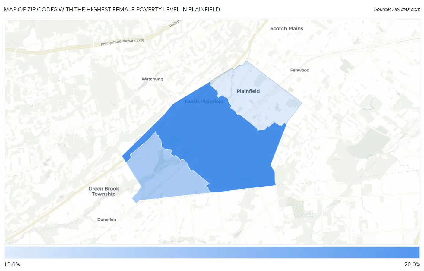 Zip Codes with the Highest Female Poverty Level in Plainfield Map