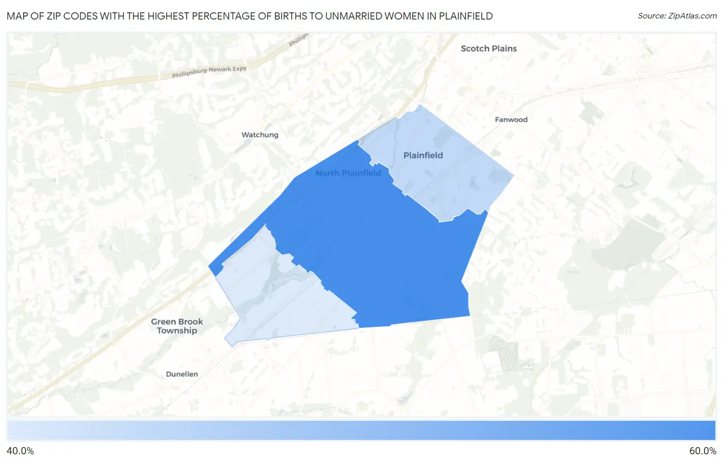 Zip Codes with the Highest Percentage of Births to Unmarried Women in Plainfield Map