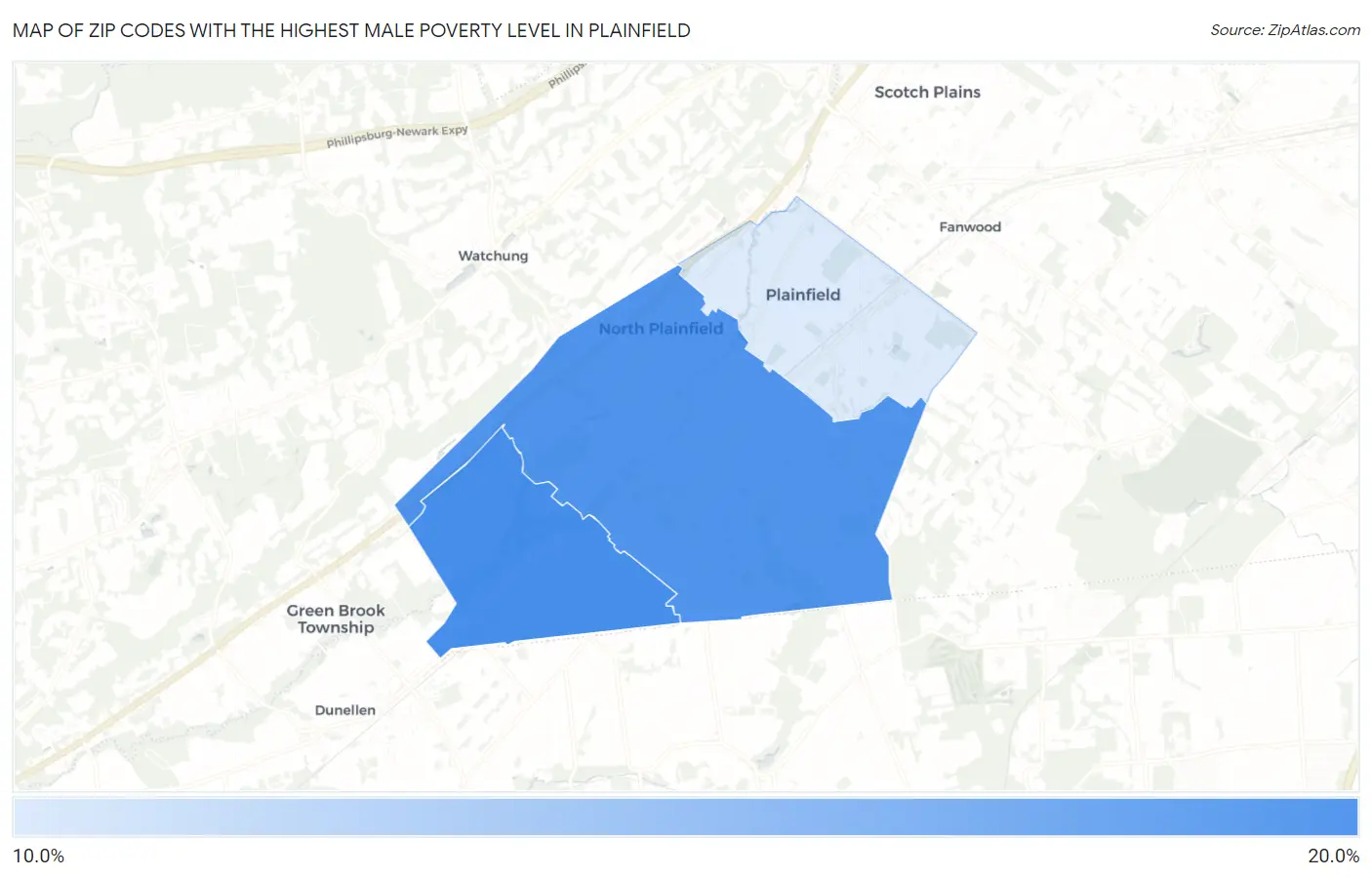 Zip Codes with the Highest Male Poverty Level in Plainfield Map