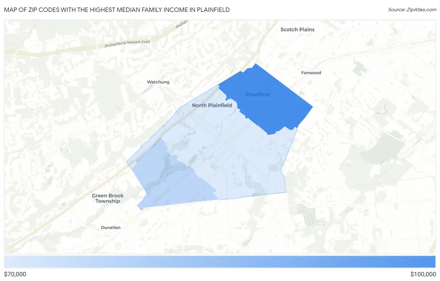 Zip Codes with the Highest Median Family Income in Plainfield Map