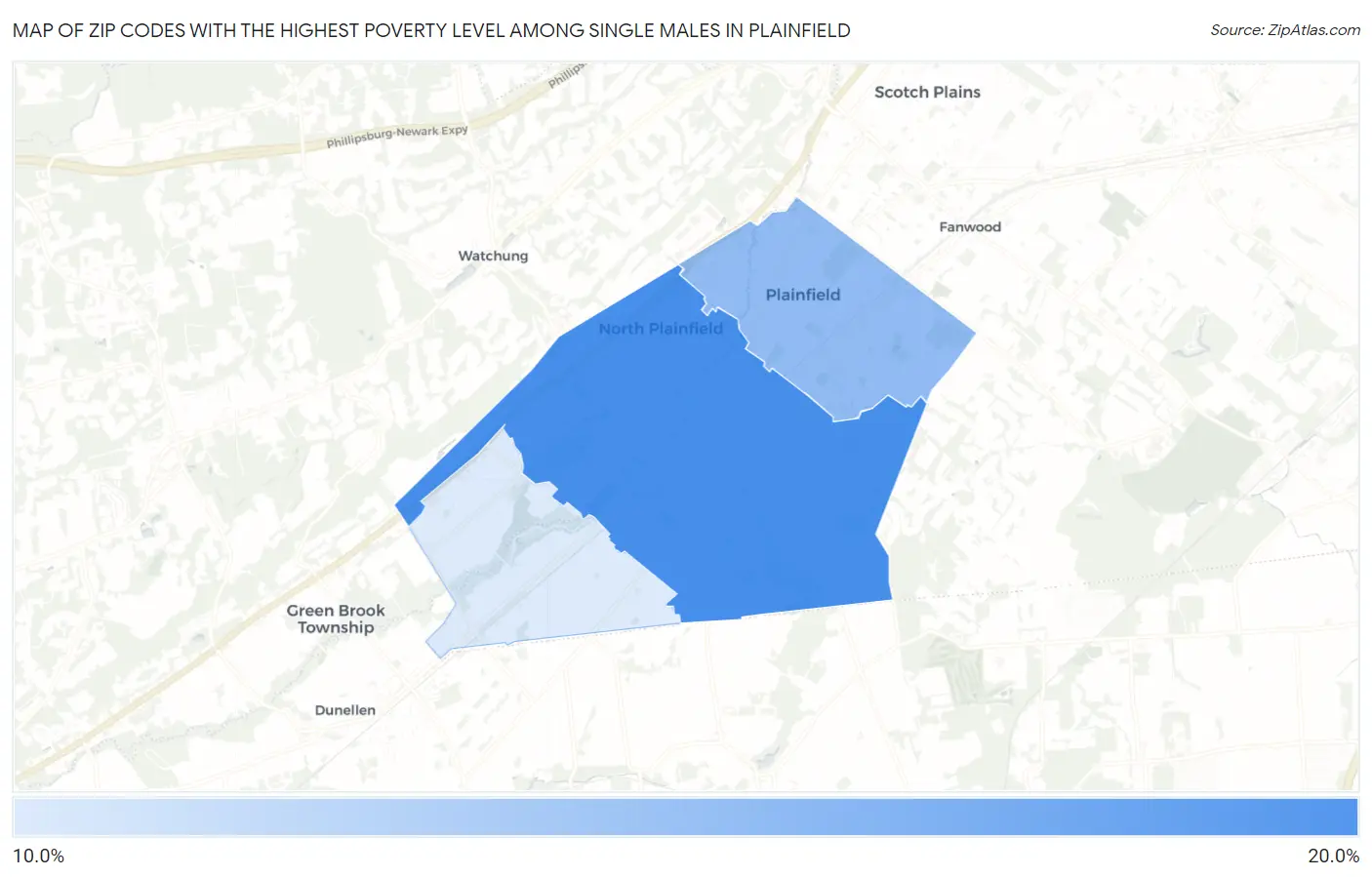 Zip Codes with the Highest Poverty Level Among Single Males in Plainfield Map