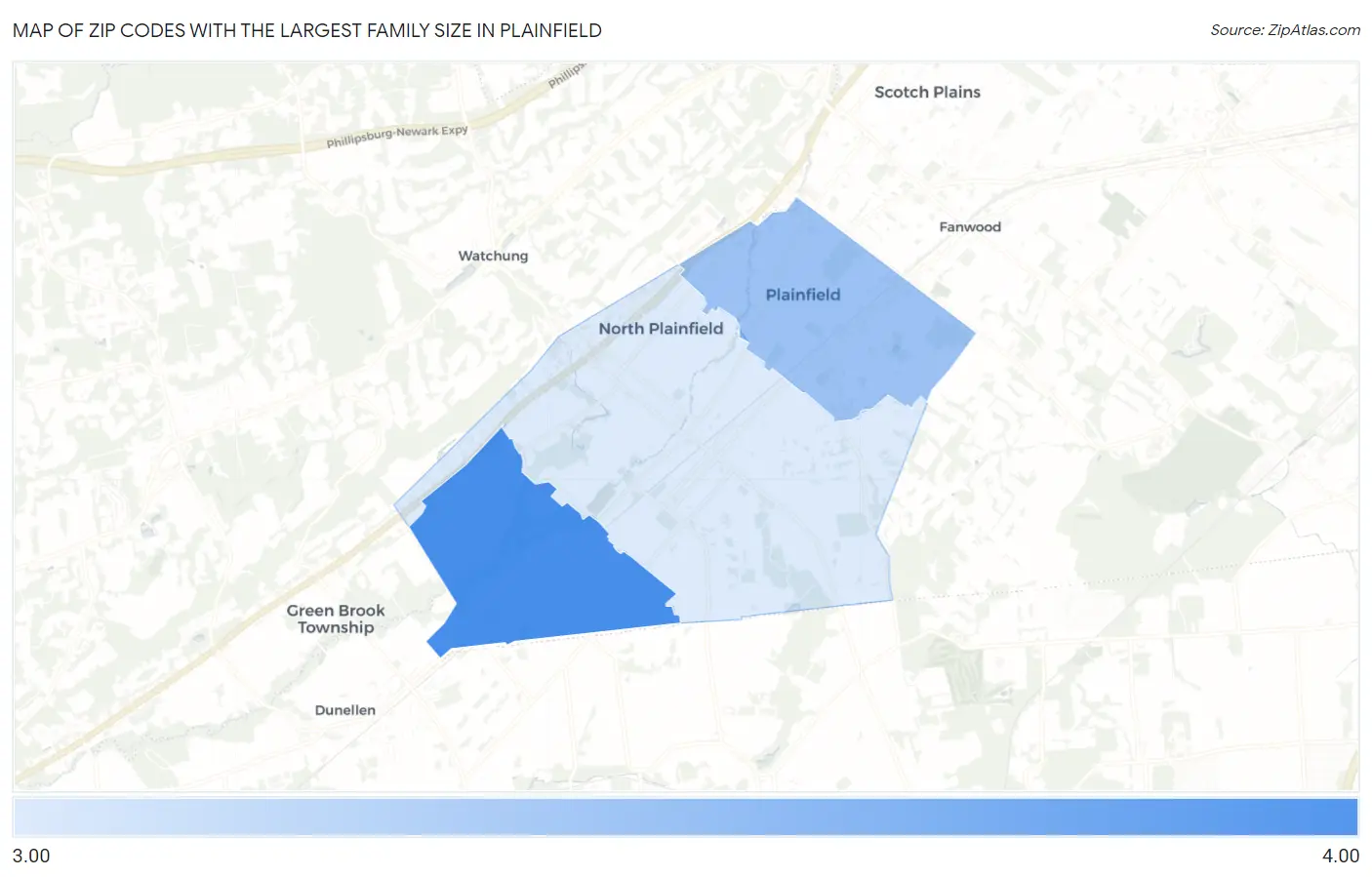 Zip Codes with the Largest Family Size in Plainfield Map