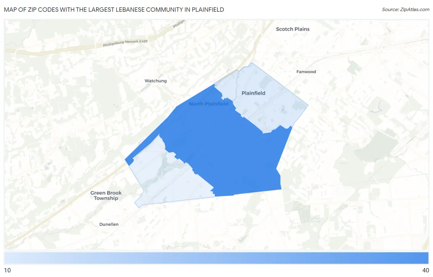 Zip Codes with the Largest Lebanese Community in Plainfield Map