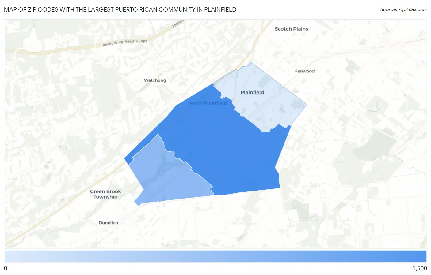 Zip Codes with the Largest Puerto Rican Community in Plainfield Map