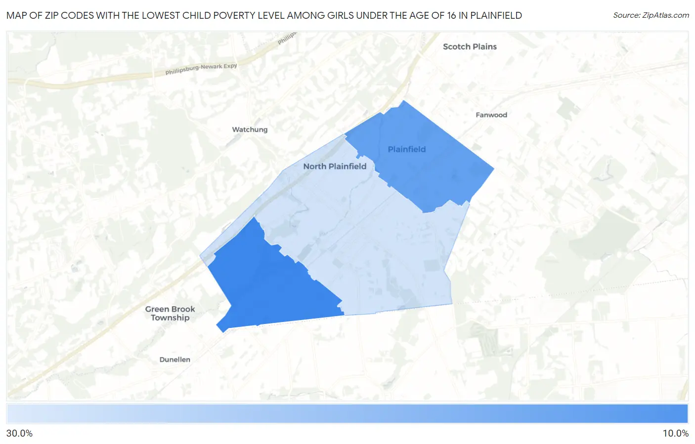 Zip Codes with the Lowest Child Poverty Level Among Girls Under the Age of 16 in Plainfield Map