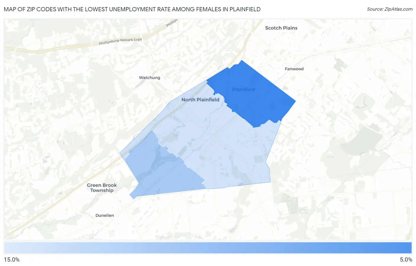 Zip Codes with the Lowest Unemployment Rate Among Females in Plainfield Map